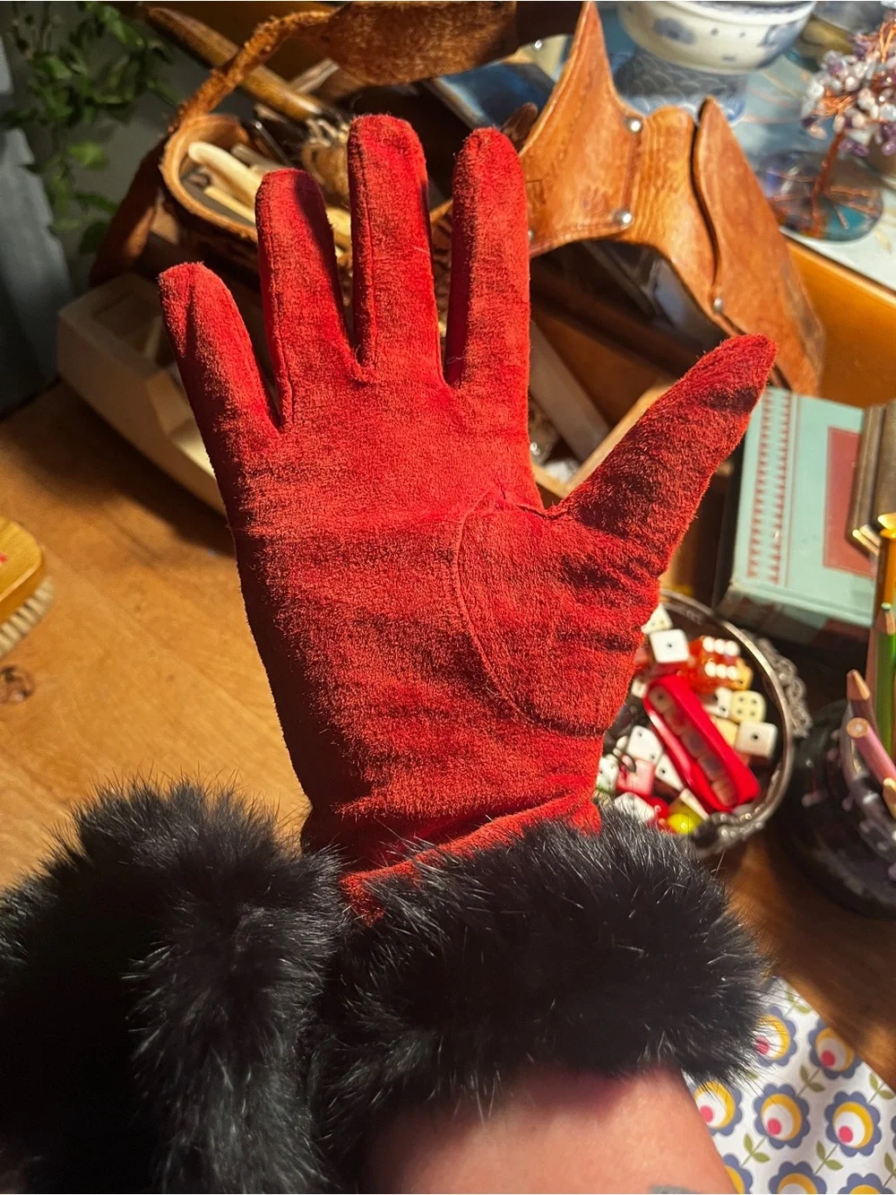 Genuine, red suede leather with rabbit fur!!